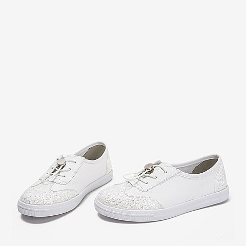 BASTO/百思图2018秋季专柜同款白色牛皮革/布面平跟女休闲鞋小白鞋YIP70CM8