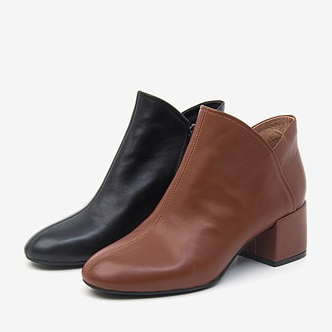 BASTO/百思图2018冬季专柜同款牛皮革纯色粗跟女皮靴短靴A1101DD8
