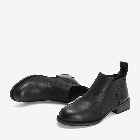BASTO/百思图2018冬季专柜同款黑色牛皮革/纺织品简约休闲方跟女皮靴CD0H1DD8