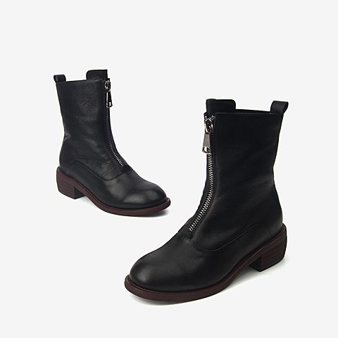 BASTO/百思图2018冬季黑色牛皮革前拉链方跟女皮靴休闲靴X8725DZ8