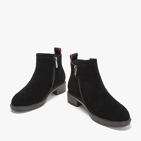 BASTO/百思图2018冬季专柜同款黑色牛剖层皮革侧拉链短靴女皮靴CD422DD8