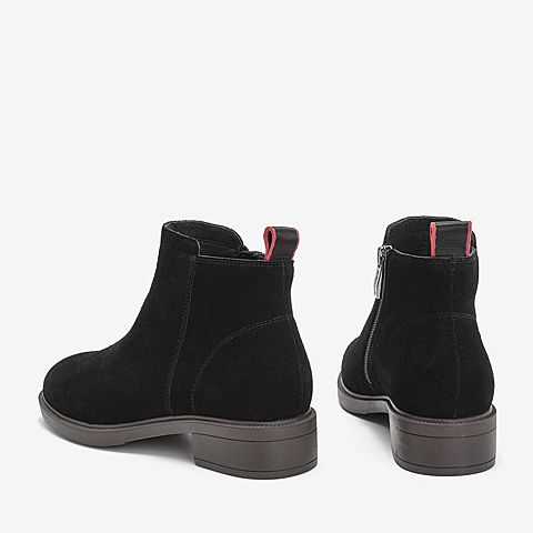 BASTO/百思图2018冬季专柜同款黑色牛剖层皮革侧拉链短靴女皮靴CD422DD8
