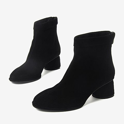 BASTO/百思图2018冬季专柜同款黑色羊皮革通勤粗跟女短靴VD2A8DD8