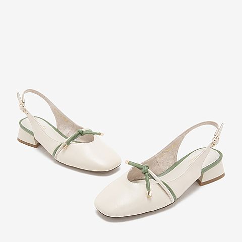 BASTO/百思图夏季专柜同款米白/绿羊皮革小V口方跟女凉鞋RID08BH9