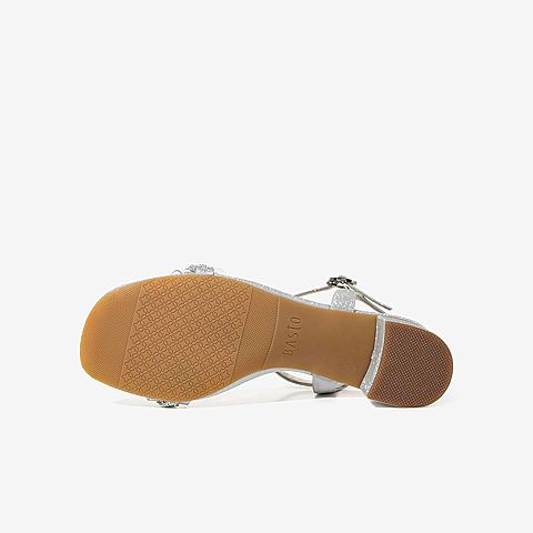 百思图2020夏季新款商场同款一字式扣带水钻粗高跟女凉鞋RNU12BL0
