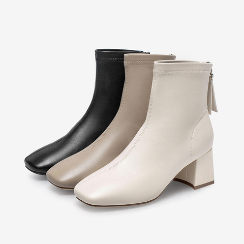 百思图2021冬季新款方头粗高跟优雅气质时装靴女短靴MD017DD1