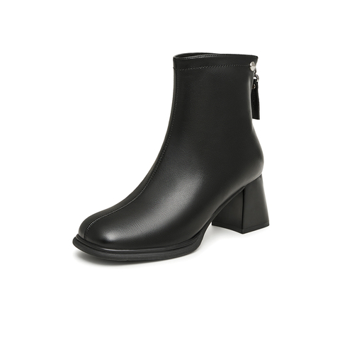 百思图2023冬季新款商场同款时尚简约时装靴粗跟女短靴MDA13DD3