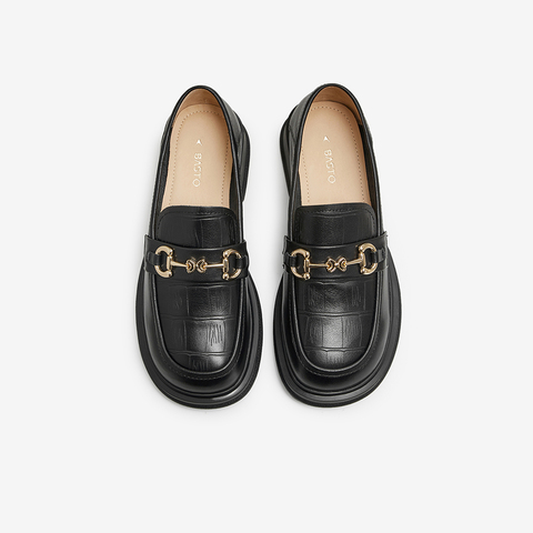 百思图2024春季新款商场同款时尚金属扣乐福鞋粗跟女单鞋JA003AA4