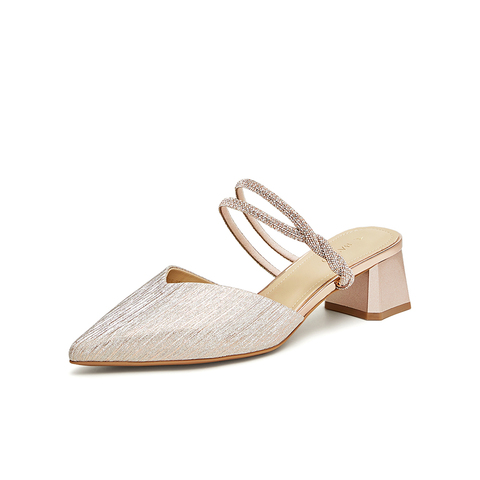 百思图2024夏季新款简约时尚休闲穆勒拖尖头粗跟女拖鞋W7719BH4