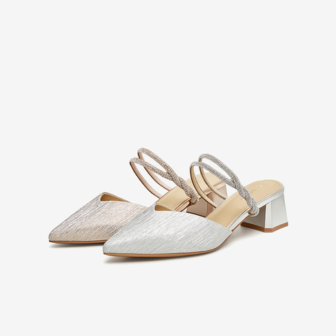 百思图2024夏季新款简约时尚休闲穆勒拖尖头粗跟女拖鞋W7719BH4