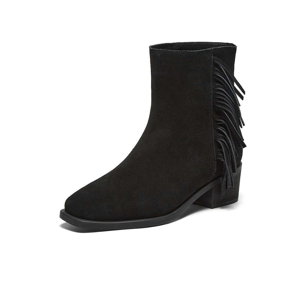 百思图2024冬季新款简约时髦通勤时装靴粗跟方头女中靴W2295DZ4