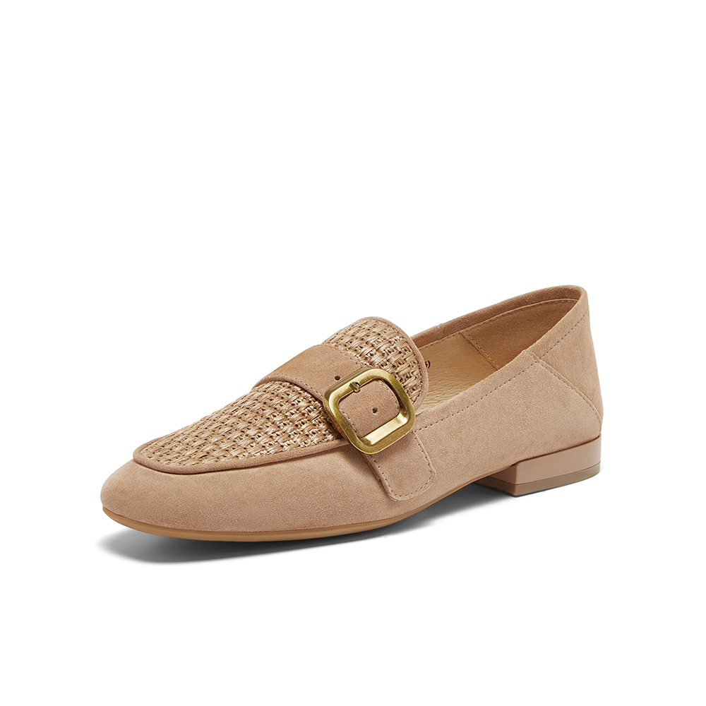 百思图2025春季新款简约轻便通勤乐福鞋粗跟方头女单鞋A0538AA5