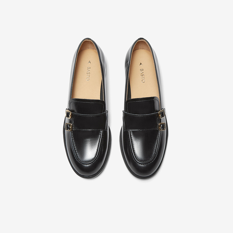 百思图2025春季新款简约通勤乐福鞋粗跟圆头女单鞋C4712AA5