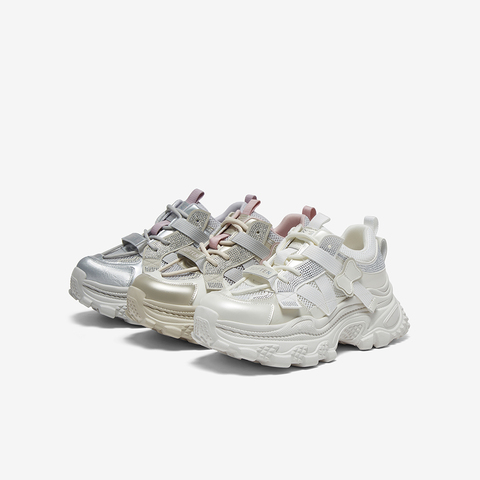百思图2025夏季新款户外街头运动银色老爹鞋厚底女休闲鞋B2191BM5