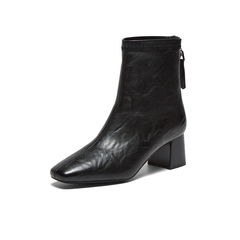 百思图2025冬季新款商场同款时装靴时尚潮流方头女短靴F5011DD5