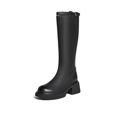 百思图2025冬季新款骑士靴时尚简约街头潮流粗跟女长靴F5607DG5