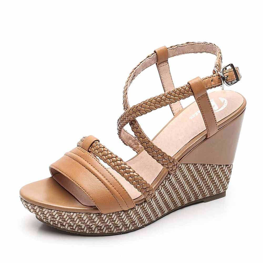 Bata/拔佳编织夏季棕色羊皮厚底坡跟女凉鞋AVK02BL2