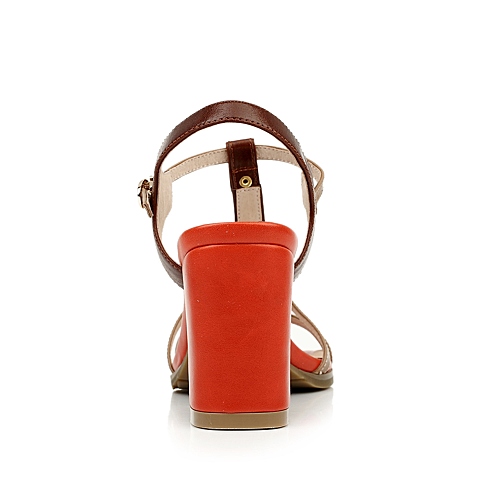 BATA/拔佳夏季红棕色油腊牛皮女士凉鞋14009BL4撞色几何结构超质感欧洲时尚 经典上班