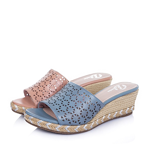Bata/拔佳夏季粉色牛皮镂空时尚坡跟女鞋AL204BT6