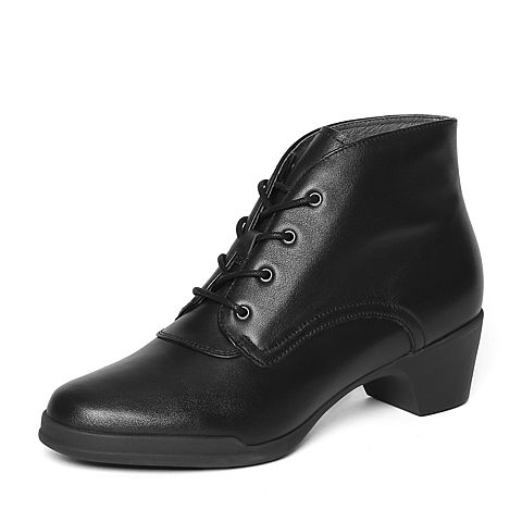 Bata/拔佳冬季专柜同款黑色时尚简约粗跟小牛皮女短靴AV441DD6