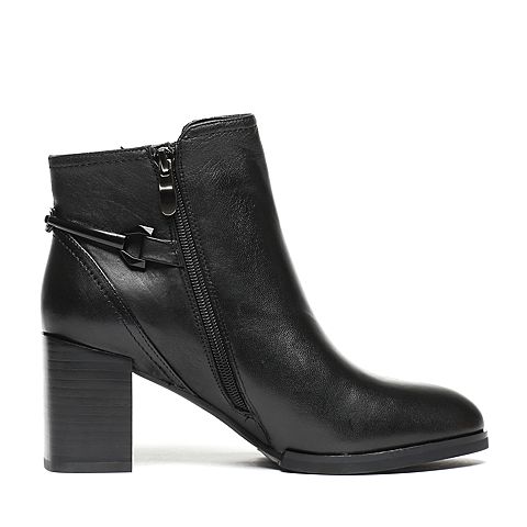 Bata/拔佳冬季专柜同款黑色时尚金属装饰粗跟羊皮女短靴09-10DD6
