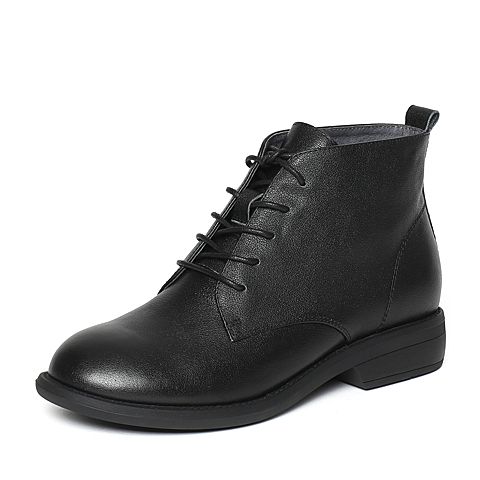 Bata/拔佳冬季专柜同款黑色时尚简约方跟牛皮女短靴837-5DD6