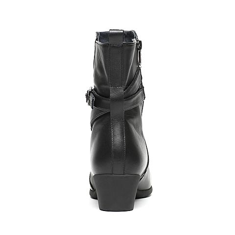 Bata/拔佳冬季专柜同款黑色时尚皮带扣小牛皮女中靴(软)AV461DZ6