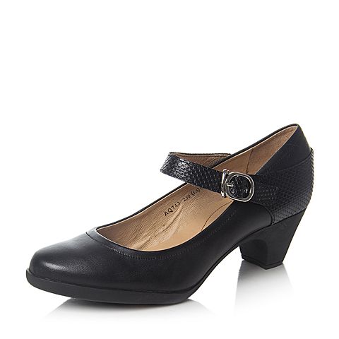 Bata/拔佳专柜同款黑色色时尚拼接粗跟牛皮女玛丽珍鞋(软)AQ743CQ6