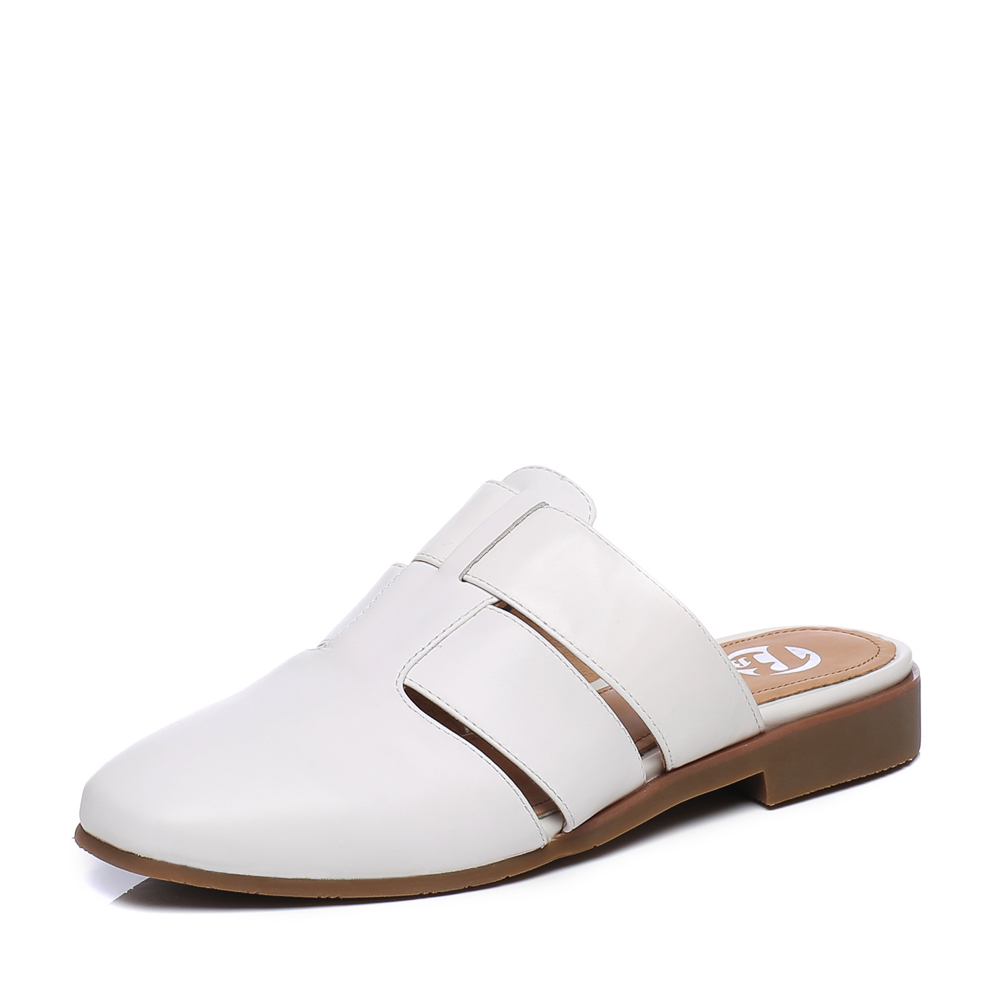 Bata/拔佳夏季专柜同款白色圆头方跟牛皮女凉拖鞋穆勒鞋AU701BT7