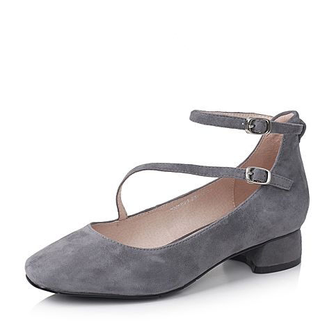 Bata/拔佳秋季灰色复古方头舒适方跟羊绒皮女玛丽珍鞋633-1CQ7