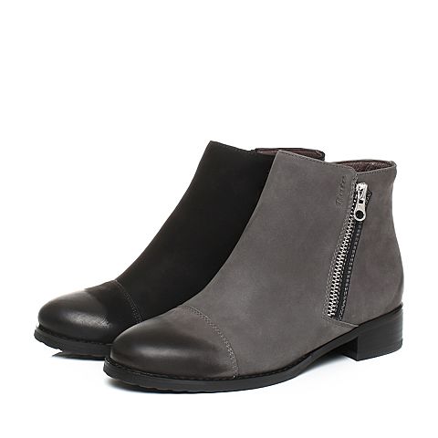Bata/拔佳冬专柜同款深灰圆头粗跟牛皮及踝靴女短靴AJ448DD7