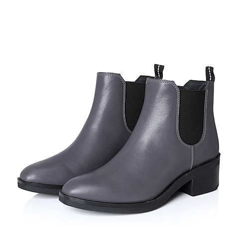 Bata/拔佳冬专柜同款深灰方头粗跟牛皮革切尔西女短靴AAY42DD7