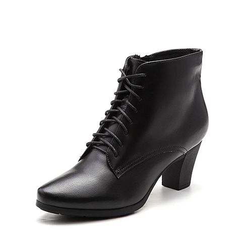 Bata/拔佳冬专柜同款黑色尖头粗高跟系带胎牛皮女短靴ABA43DD7