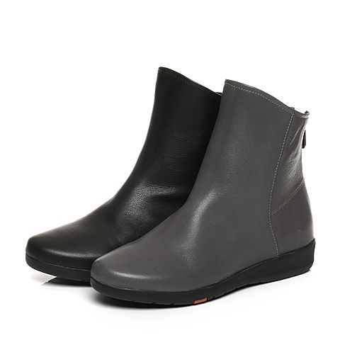 Bata/拔佳冬专柜同款黑色圆头平跟牛皮休闲简约女短靴AV550DD7