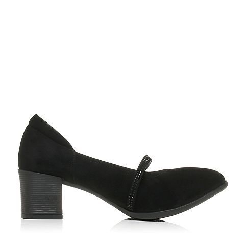 Bata/拔佳秋季专柜同款黑色优雅粗跟羊绒皮女奶奶鞋106-8CQ7