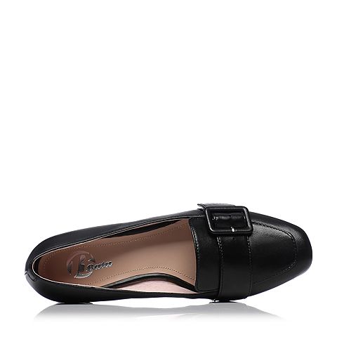 Bata/拔佳春季专柜同款黑色方头粗跟皮带扣羊皮浅口女单鞋AJ521AM7