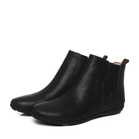 Bata/拔佳秋专柜同款黑色圆头平跟羊皮切尔西靴女休闲短靴AM843CD7