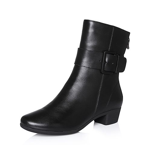 Bata/拔佳冬专柜同款黑色时尚皮带扣圆头方跟牛皮女中靴703-2DZ7