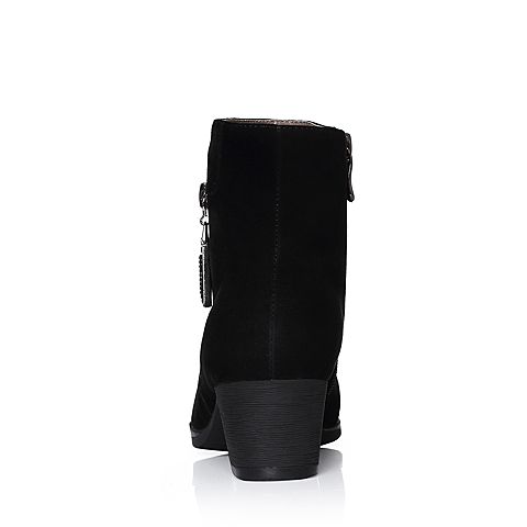 Bata/拔佳冬专柜同款黑色圆头粗跟羊绒皮女短靴226-1DD7