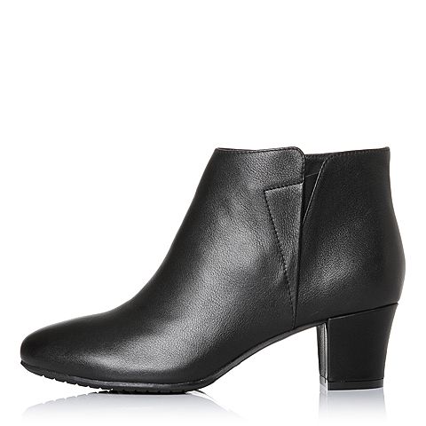 Bata/拔佳冬专柜同款黑色圆头粗跟牛皮及踝靴女短靴-301ADD7