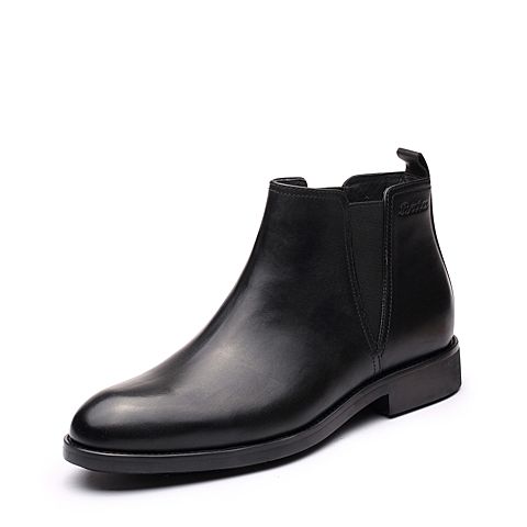 Bata/拔佳冬专柜同款黑色圆头方跟牛皮切尔西靴男短靴84G43DD7加绒