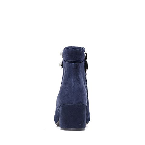 Bata/拔佳冬专柜同款蓝色圆头粗中跟羊绒皮女短靴395-9DD7