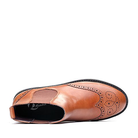 Bata/拔佳冬专柜同款棕色圆头方跟英伦风牛皮切尔西女短靴118-2DD7