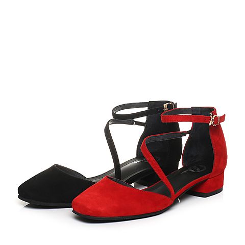 Bata2018春专柜同款红色复古方头脚环绑带玛丽珍羊绒皮女凉鞋AJ509AK8