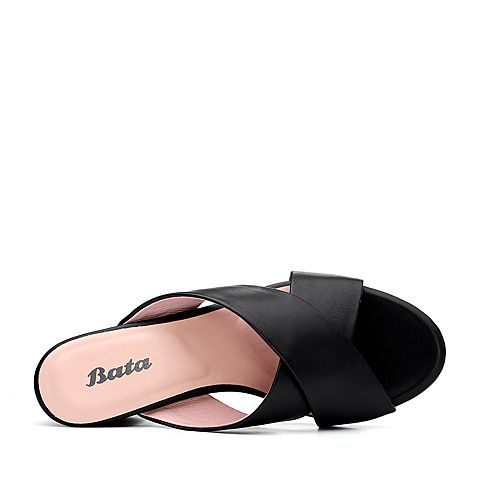 Bata/拔佳2018夏新专柜同款黑色时尚粗高跟OL通勤胎牛皮革女凉拖鞋AEC10BT8