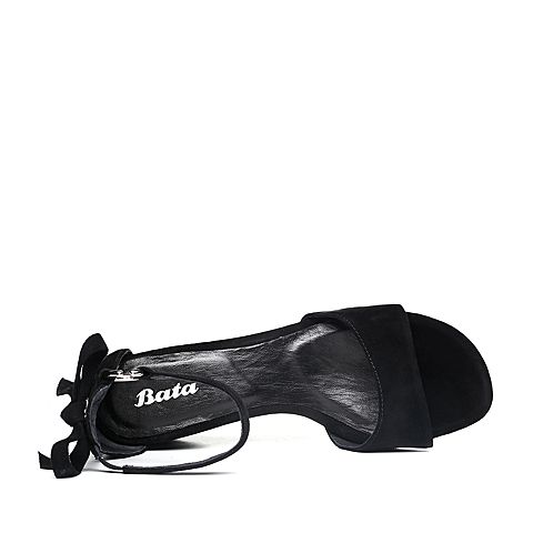Bata/拔佳2018夏新品黑色专柜同款优雅珍珠羊绒皮革女凉鞋AET03BL8