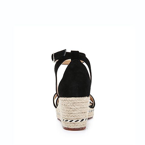 Bata/拔佳2018夏新专柜同款黑色麻边坡跟度假休闲羊绒皮革女凉鞋AEI04BL8