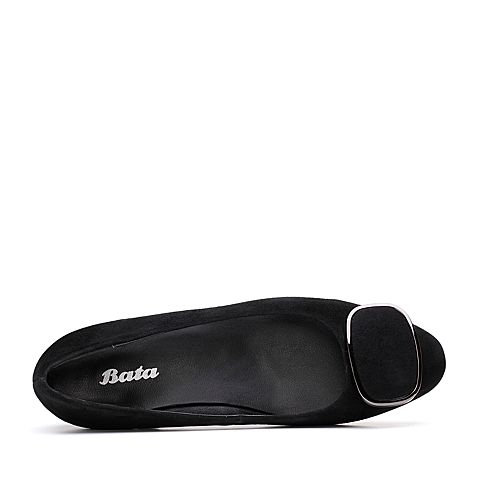 Bata/拔佳2018秋新专柜同款黑色优雅通勤低跟羊绒皮革浅口女单鞋185-1CQ8