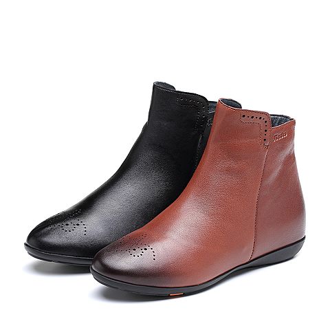 Bata/拔佳2018冬新款专柜同款棕色绵羊皮革平底女皮靴短靴AM846DD8