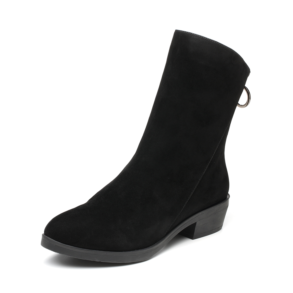 Bata/拔佳2018冬新款专柜同款黑色羊绒皮革粗中跟女皮靴短靴RBU02DZ8